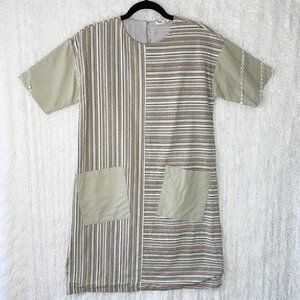 Hidden Alley Linen Blend Dress Size SMALL Beige Brown Stripes Pockets Short Slv